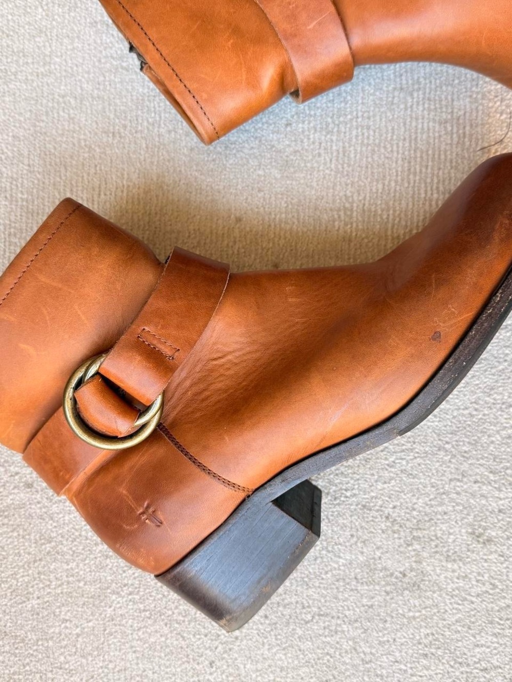 VINTAGE FRYE Kristen Harness Women's Tan Leather Buckle Ankle Boots Sz 8.5 US